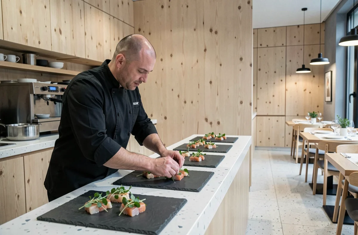 Erasmo, restaurant italien contemporain avec intérieur épuré en bois clair et cuisine moderne dressée sur ardoise