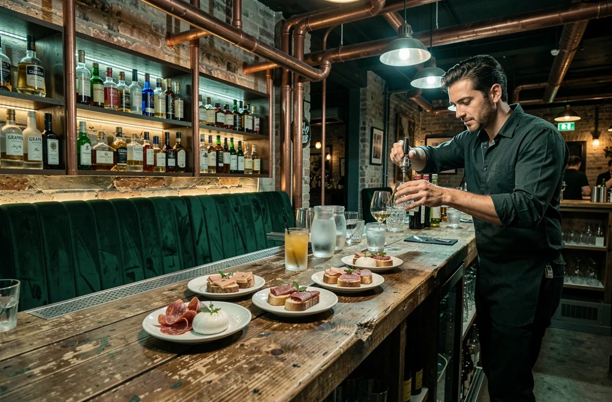 Grappa Italian Social Club, bar-restaurant tendance avec mur de bouteilles rétroéclairé, velours vert et planches de partage italiennes