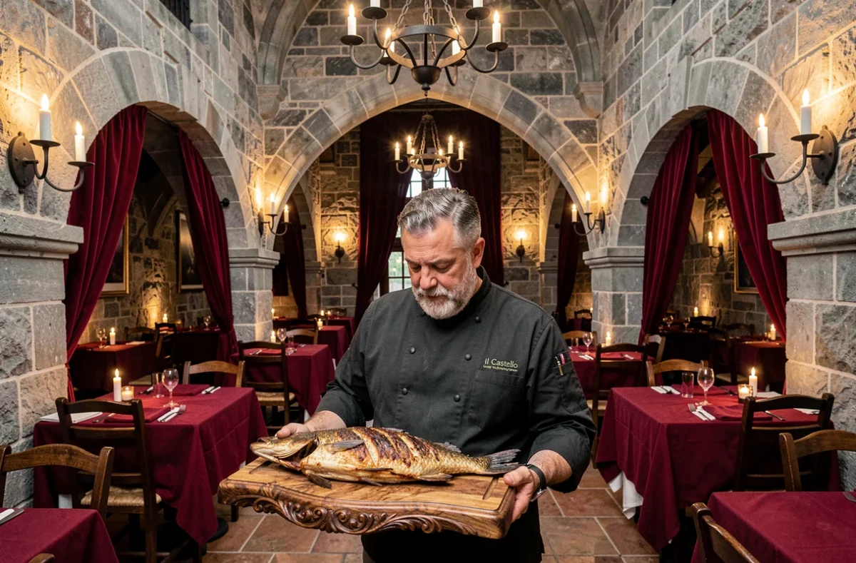 Il Castello, restaurant italien au décor médiéval avec pierres apparentes, alcôves et chandelier en fer forgé