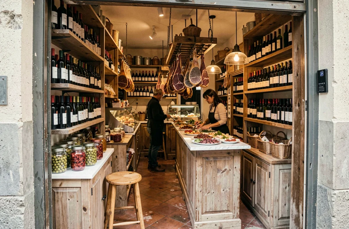 La Bottega, épicerie-restaurant italienne avec charcuteries, vins et antipasti disposés sur des étagères en bois