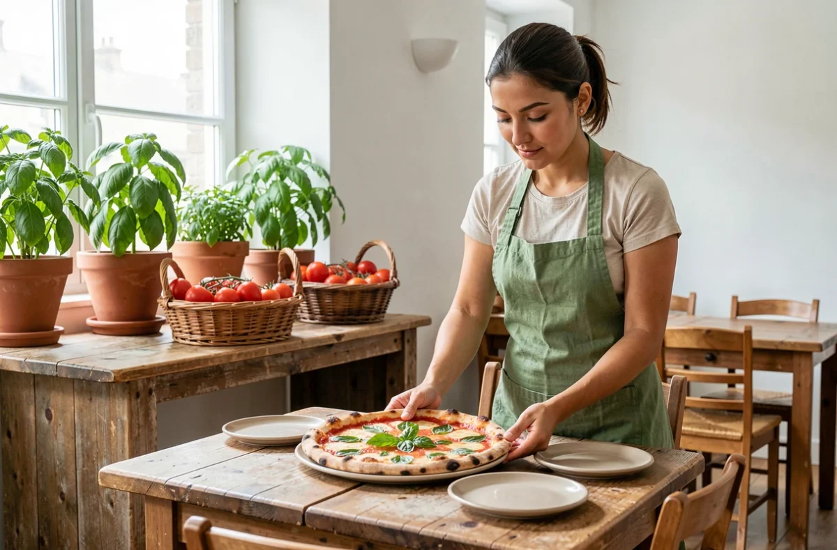 Pomodoro e Basilico, restaurant italien lumineux avec plants de basilic, tomates fraîches et pizza Margherita