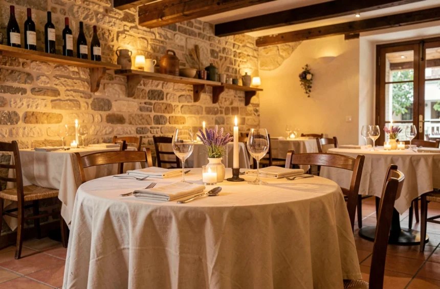 Table romantique dressée pour deux dans un restaurant traditionnel d'Occitanie, avec décor en pierre et ambiance chaleureuse à la bougie