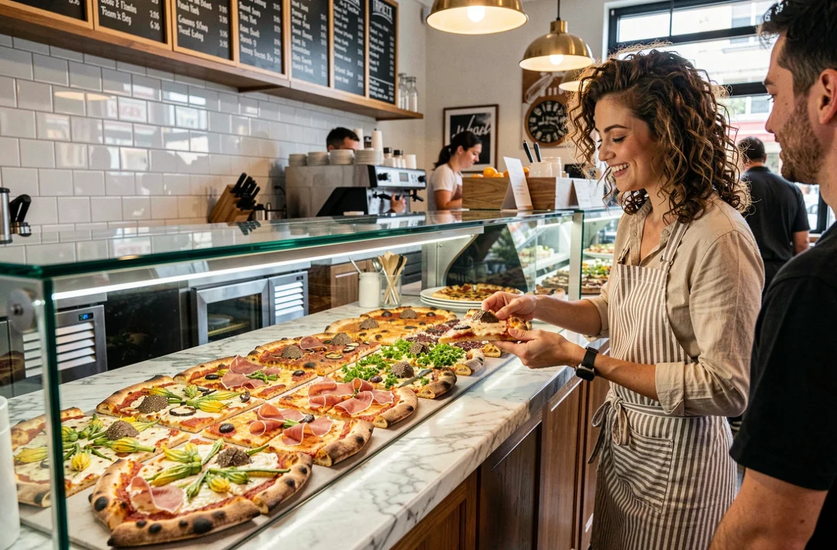 Tripletta, pizzeria romaine avec comptoir de pizza al taglio aux garnitures variées et ambiance animée