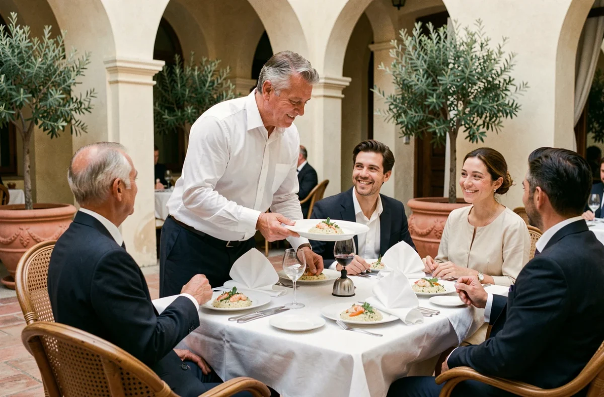 Villa Tredici, restaurant italien élégant avec décor méditerranéen, arches blanches et plats raffinés