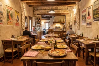 Intérieur chaleureux d'un restaurant italien en Bretagne avec tables rustiques, pizzas et pâtes fraîches