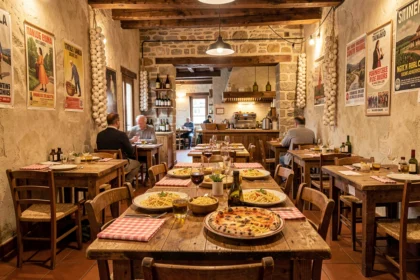Intérieur chaleureux d'un restaurant italien en Bretagne avec tables rustiques, pizzas et pâtes fraîches