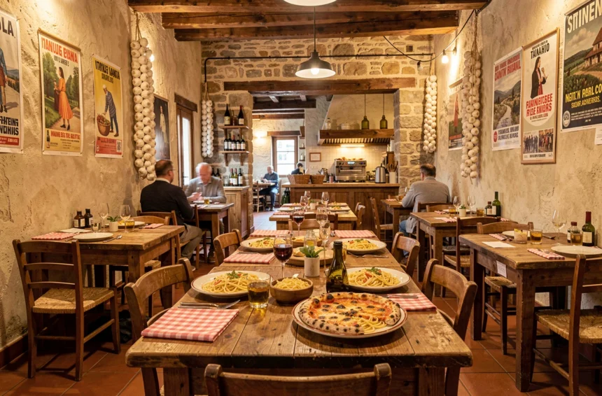 Intérieur chaleureux d'un restaurant italien en Bretagne avec tables rustiques, pizzas et pâtes fraîches