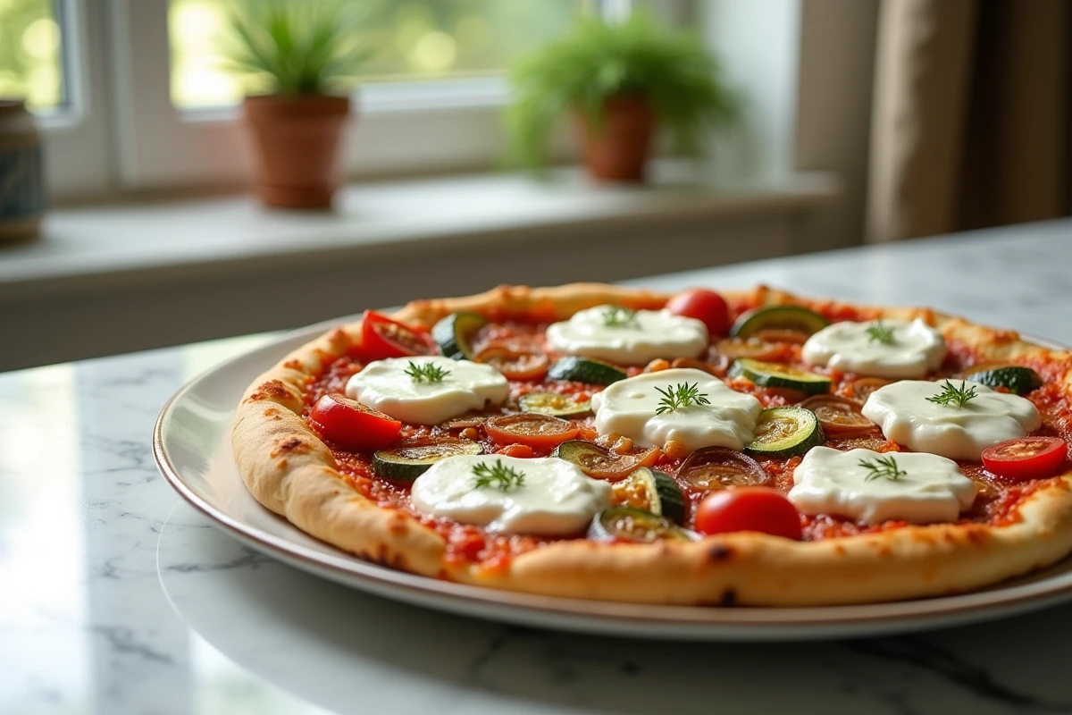 Pizza blanche aux légumes garnie de généreuses cuillères de ricotta crémeuse