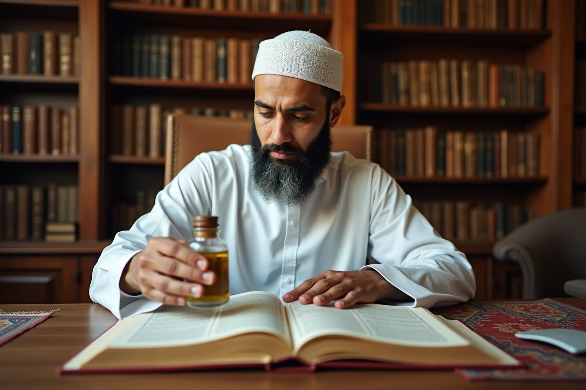 Savant musulman examinant une bouteille de vinaigre d'alcool dans une bibliothèque islamique entourée de livres de jurisprudence