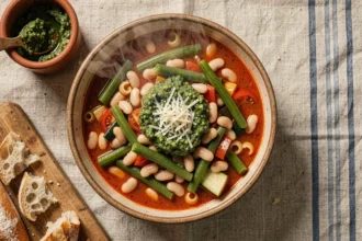 Bol de soupe au pistou provençale végétarienne servie avec du pistou maison et du pain, vue de dessus sur nappe en lin