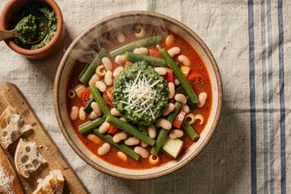 Bol de soupe au pistou provençale végétarienne servie avec du pistou maison et du pain, vue de dessus sur nappe en lin
