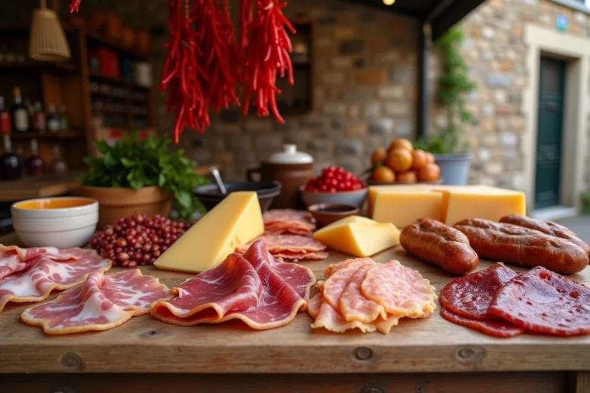Étal de marché basque à Dancharia avec jambon de Bayonne, fromage Ossau-Iraty et piments d'Espelette