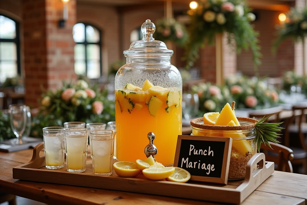 Station à punch décorée lors d'une réception de mariage intérieure avec distributeur de punch tropical et coupes en verre