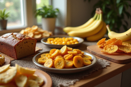 Table de cuisine avec plats à la banane en lumière naturelle