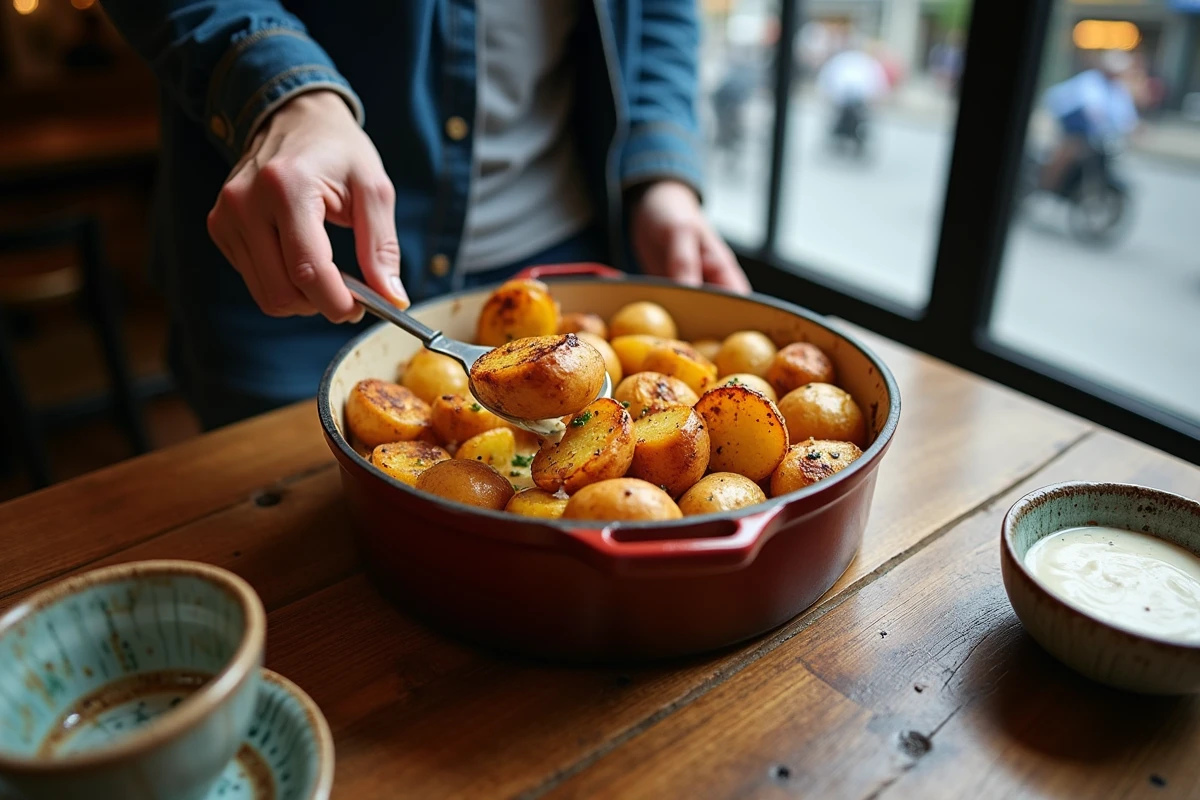 Table rustique avec pommes de terre et service convivial