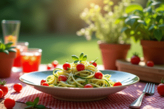Table d'été en plein air avec tagliatelles de courgettes et tomates cerises