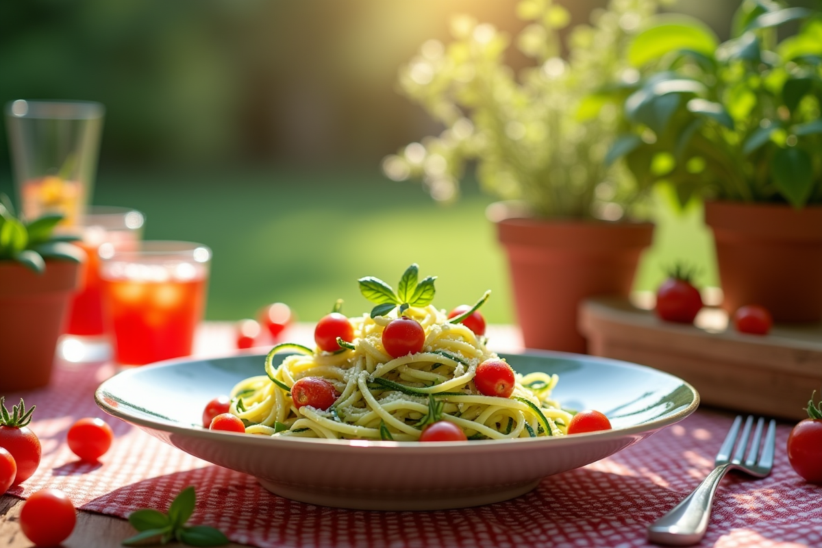 Table d'été en plein air avec tagliatelles de courgettes et tomates cerises
