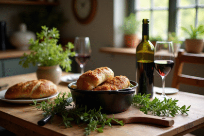 Table rustique avec civet de lapin en cocotte et pain