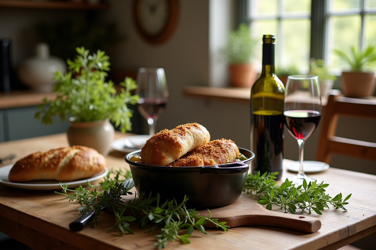 Table rustique avec civet de lapin en cocotte et pain