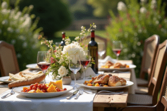 Table rustique française avec plats régionaux et fleurs