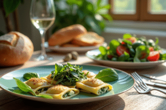 Table élégante avec plats à base d'épinards frais