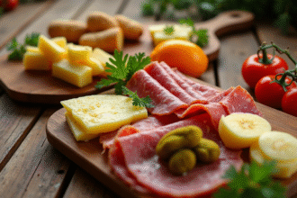 Table en bois avec raclette et accompagnements variés