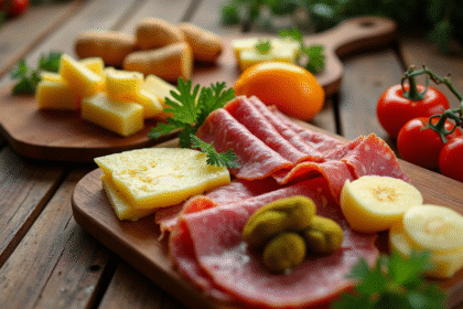Table en bois avec raclette et accompagnements variés