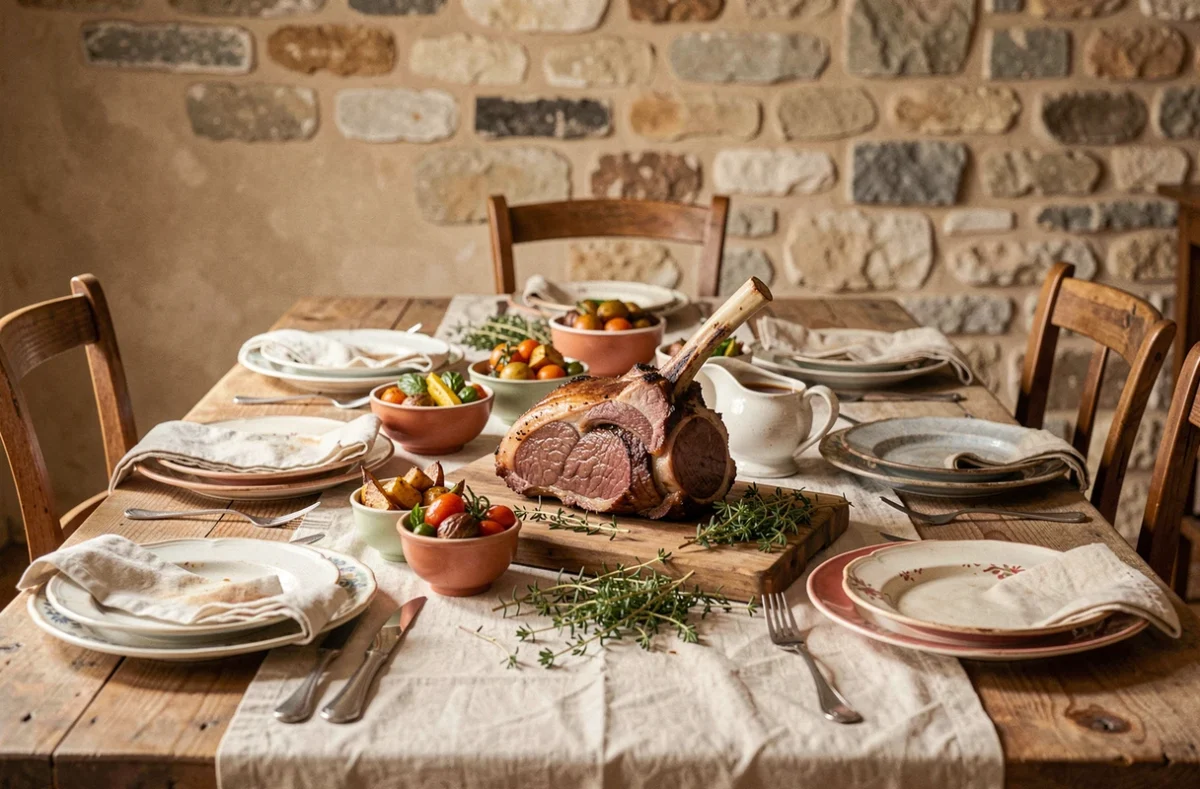 Table dressée pour un repas convivial avec une épaule d'agneau confite au centre, légumes rôtis et herbes fraîches