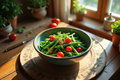 Table rustique avec haricots verts en conserve et tomates cerises