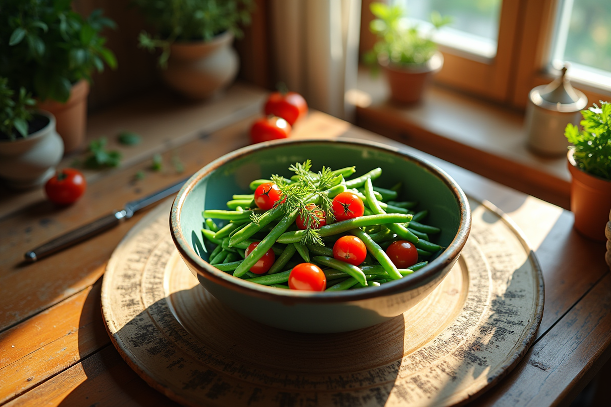 Table rustique avec haricots verts en conserve et tomates cerises