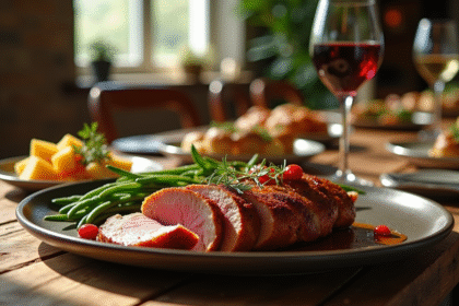 Table rustique avec magret de canard tranché et accompagnements