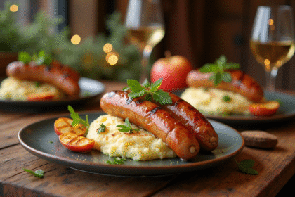 Table rustique pour un repas festif avec boudin blanc et pommes