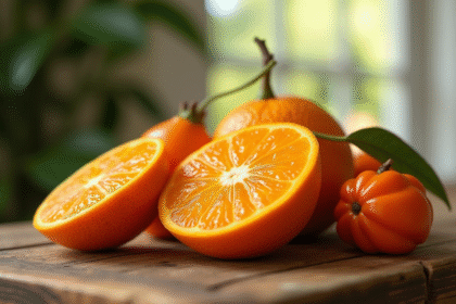 Fruits frais tamarillo tangerine et tamarind sur table en bois