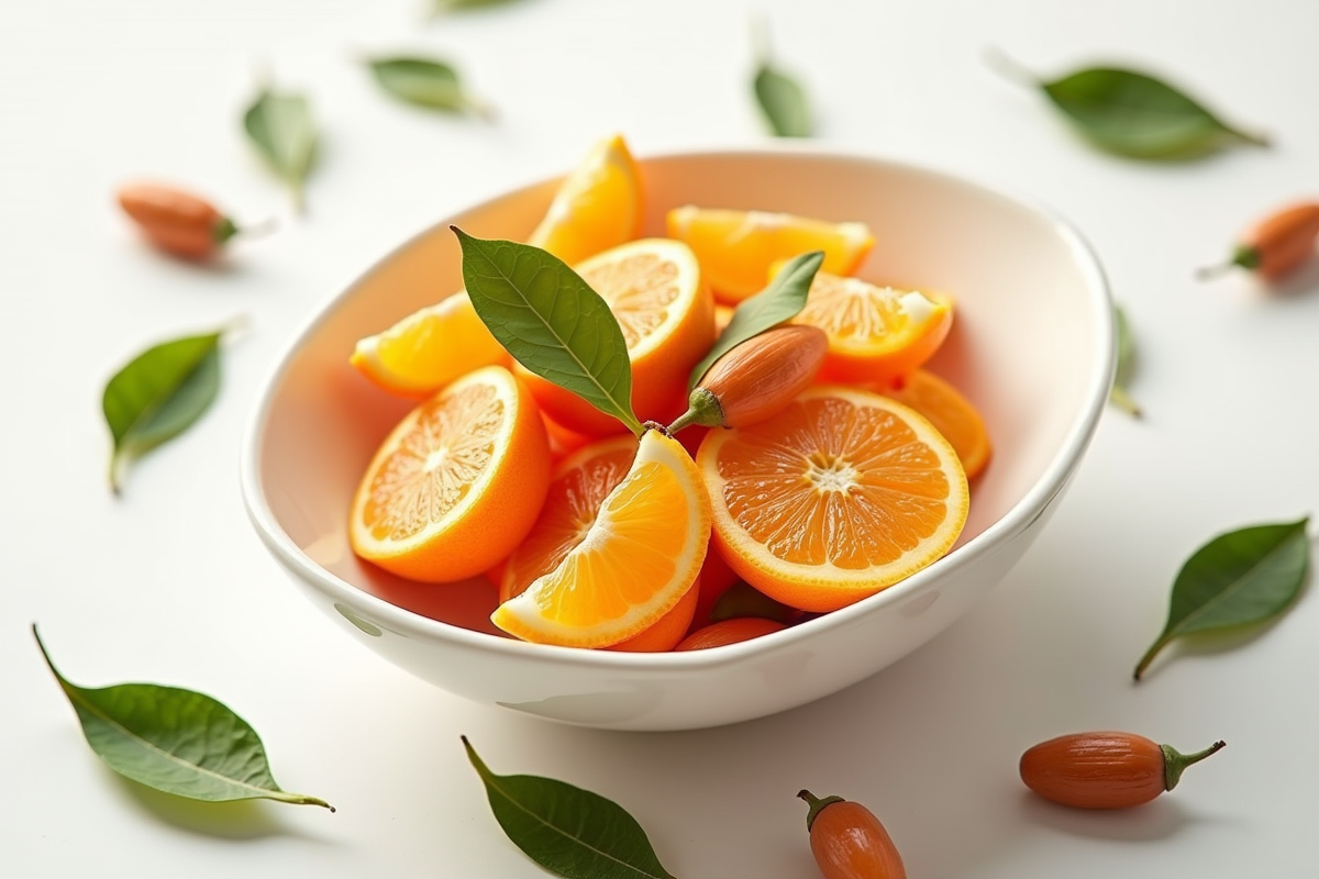 Bol avec tranches de tamarillo segments de mandarine et tamarin ouvert