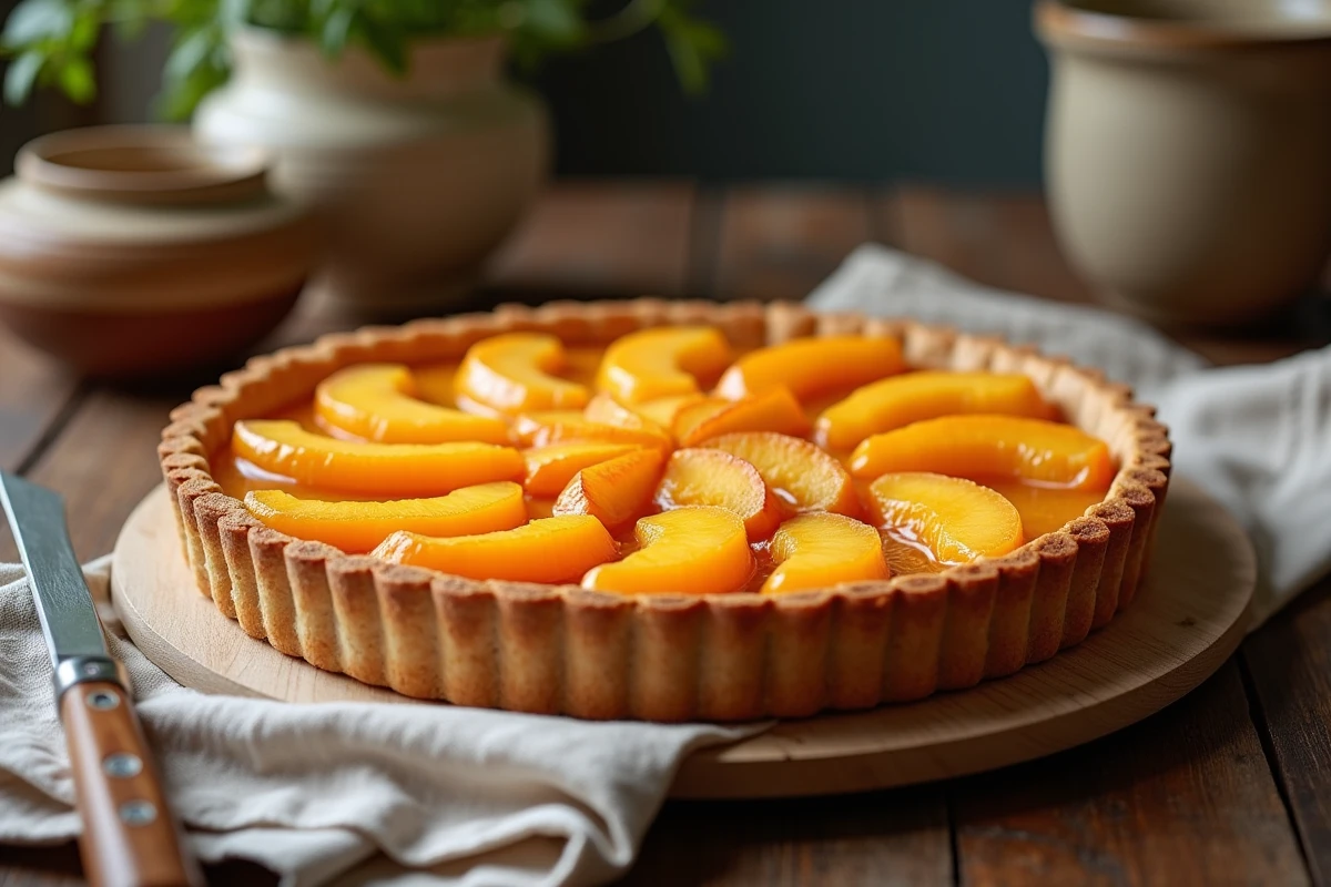 Tarte aux pêches et abricots pré-découpée en parts régulières tenant parfaitement leur forme grâce à une crème pâtissière ferme, posée sur une table en bois rustique