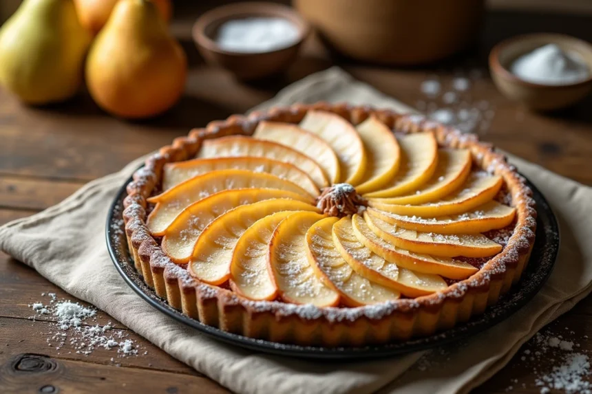 Tarte aux poires maison posée sur une table en bois rustique, vue de dessus, avec des tranches de poires disposées en éventail sur une pâte dorée saupoudrée de sucre glace