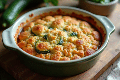 Tarte zucchini cuite dans un plat en céramique rustique