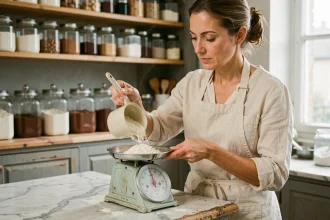 Femme en tablier versant de la farine d'une tasse à mesurer sur une balance de cuisine vintage pour une recette de pâtisserie française