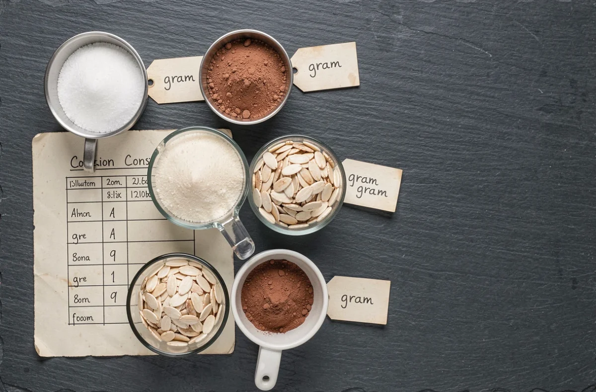 Vue de dessus de tasses à mesurer remplies d'ingrédients de pâtisserie avec un tableau de conversion grammes sur papier ancien