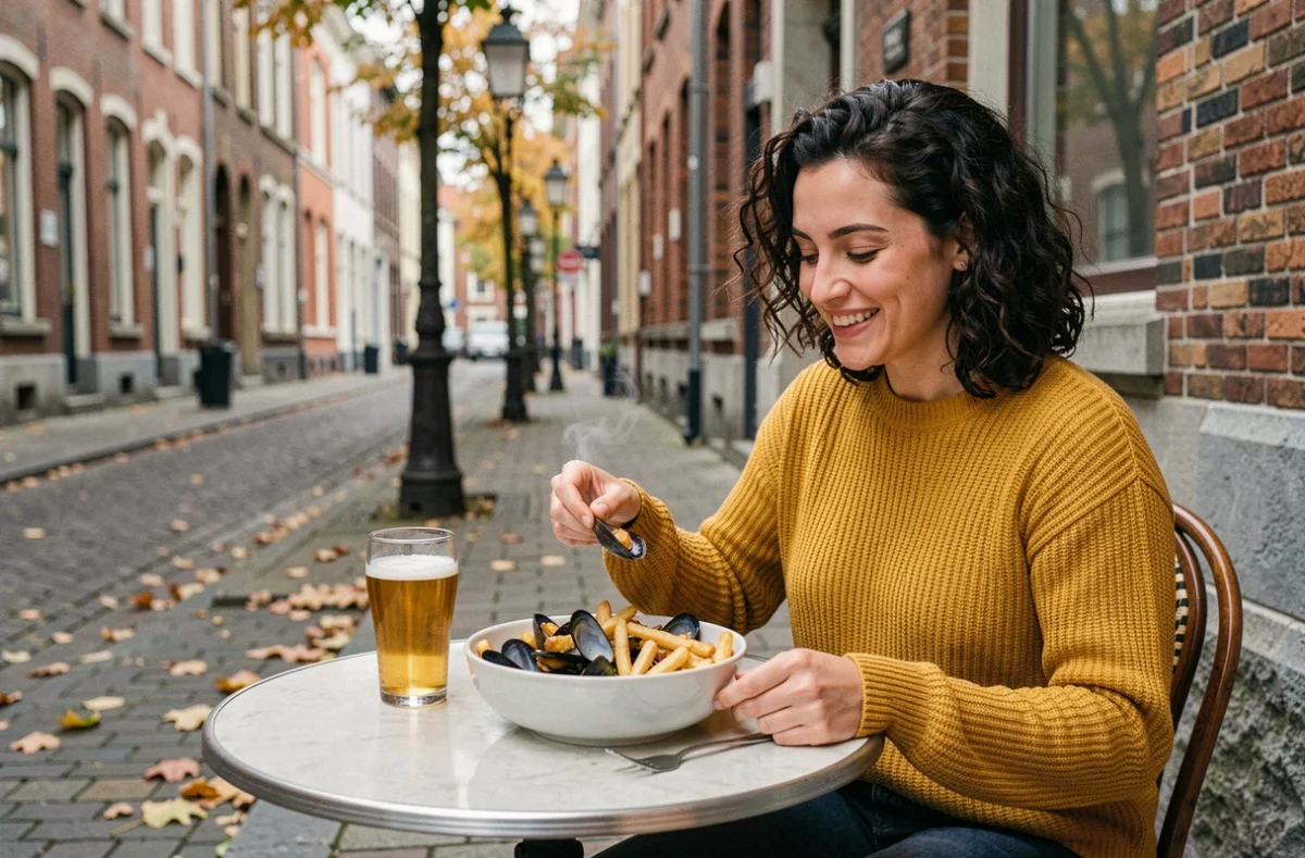 Jeune femme dégustant des moules-frites en terrasse dans un restaurant pas cher du Vieux-Lille
