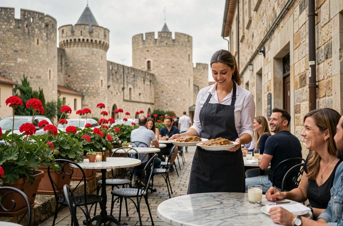 Terrasse d'un restaurant en centre-ville de Carcassonne avec vue sur les remparts médiévaux