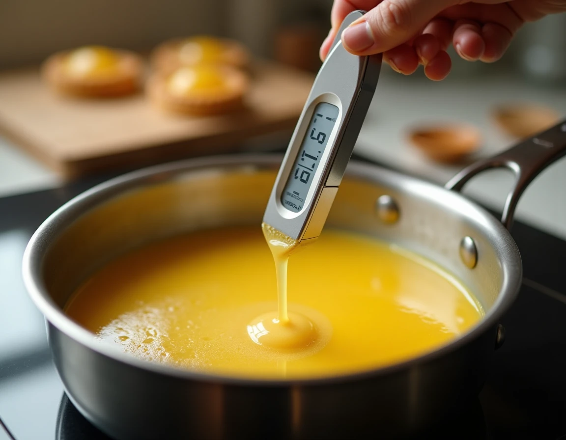 Thermomètre de cuisine mesurant la température précise du sirop de sucre pour une pâte à bombe sécurisée, étape clé de la sécurité alimentaire