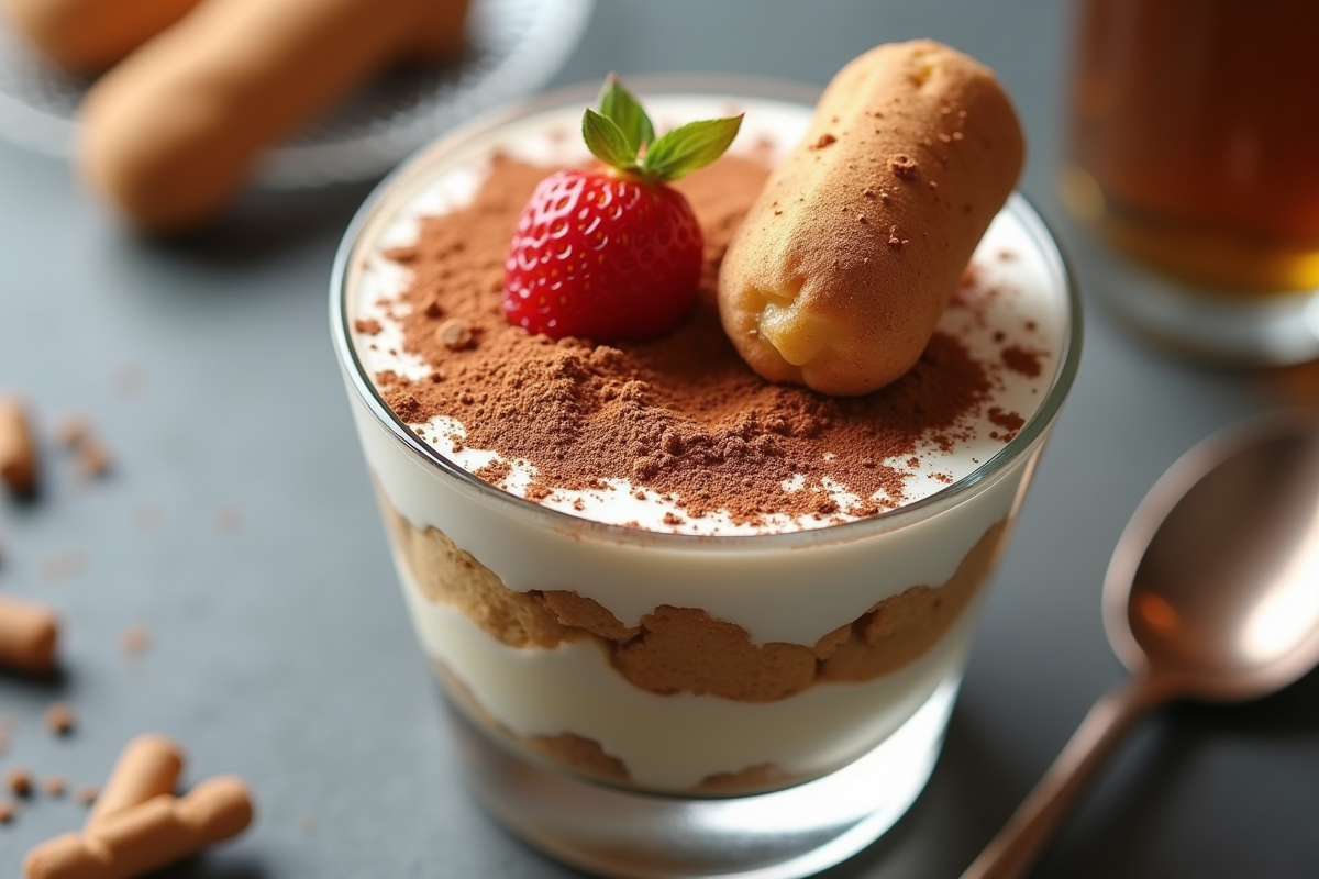 Tiramisu élégant dans un verre avec ladyfingers et cacao