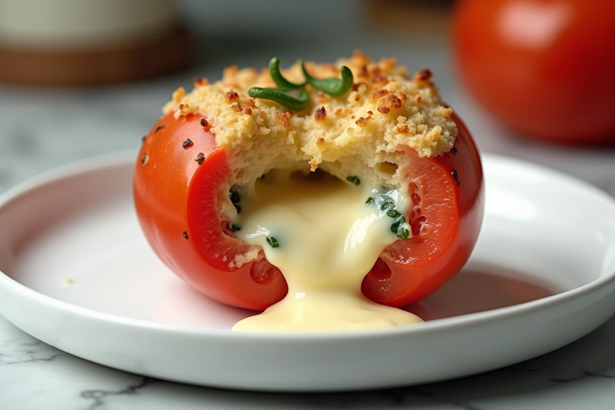 Gros plan d'une tomate farcie au fromage coulant coupée en deux sur une assiette blanche