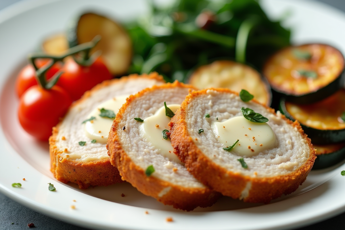 Tranche de cordon bleu avec légumes rôtis et épinards en gros plan