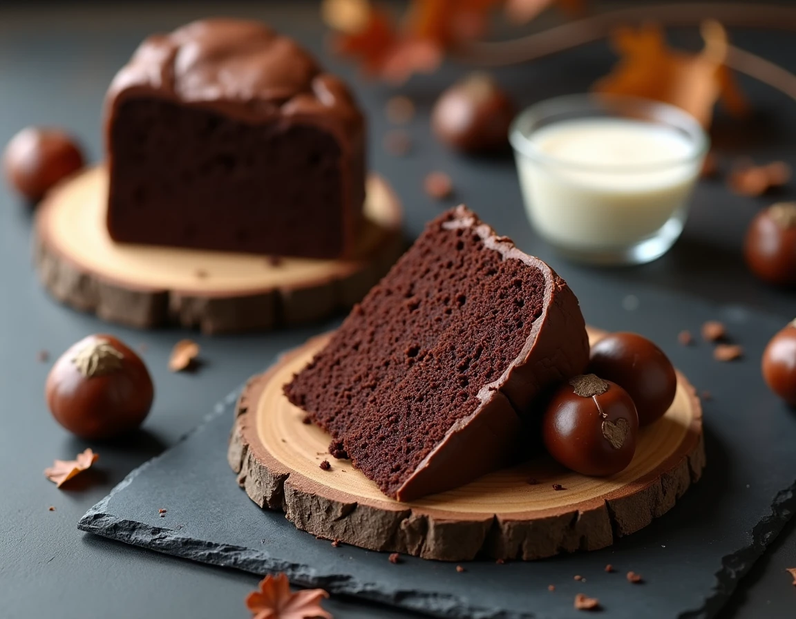 Deux tranches de fondant aux marrons et chocolat présentées sur des planches en bois avec de la crème fraîche et des marrons entiers sur une ardoise sombre
