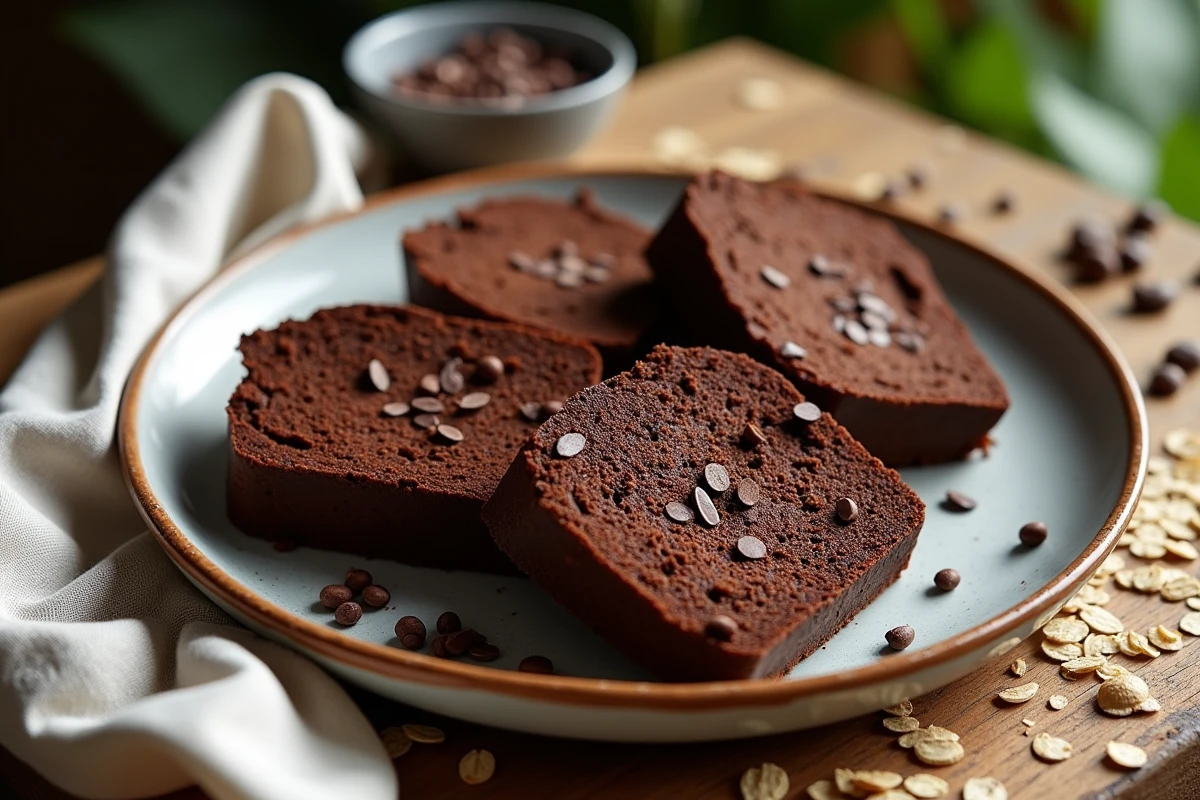 Gros plan sur des tranches de gâteau chocolatavoine avec oats et cacao
