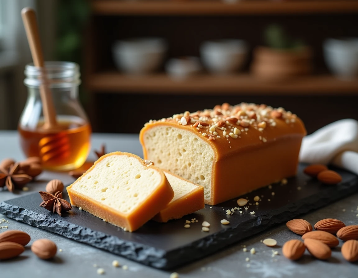 Turrón aux amandes espagnol tranché sur une ardoise avec miel et épices pour les fêtes de Noël