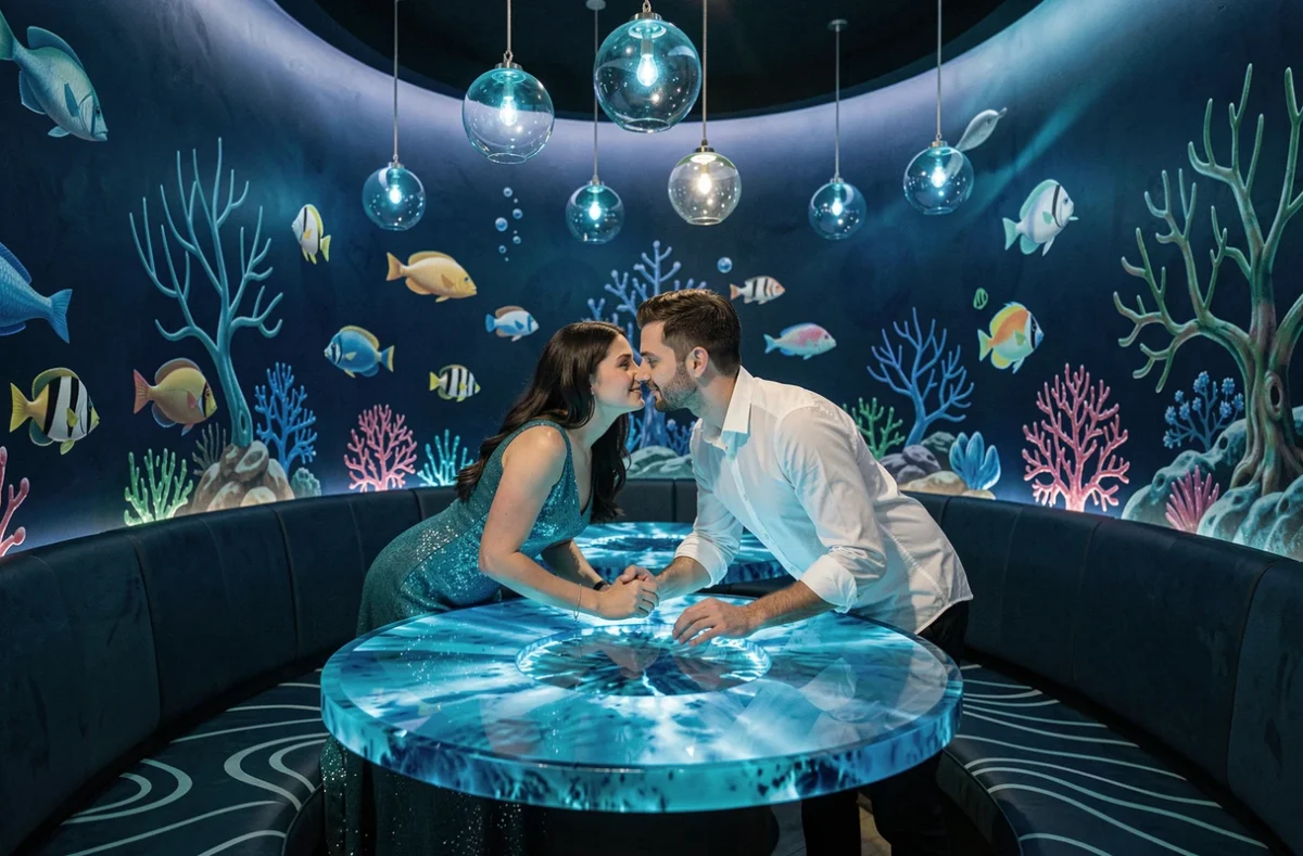 Couple attablé dans l'univers sous-marin immersif du restaurant Under The Sea à Montpellier avec décor aquatique bleu profond