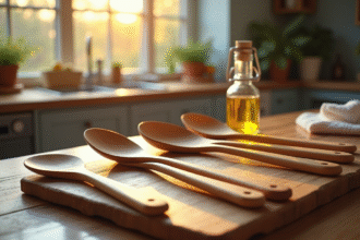 Table de cuisine avec ustensiles en bois huilés sous lumière chaleureuse